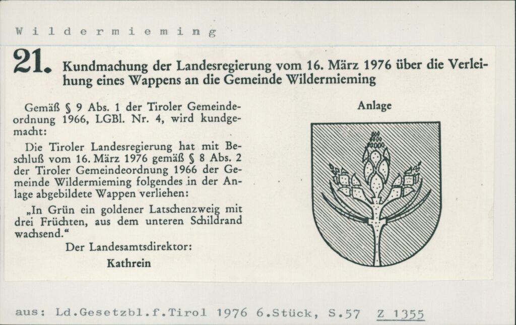 Kundmachung der Landesregierung vom 16. März 1976 über die Verleihung eines Wappens an die Gemeinde Wildermieming
